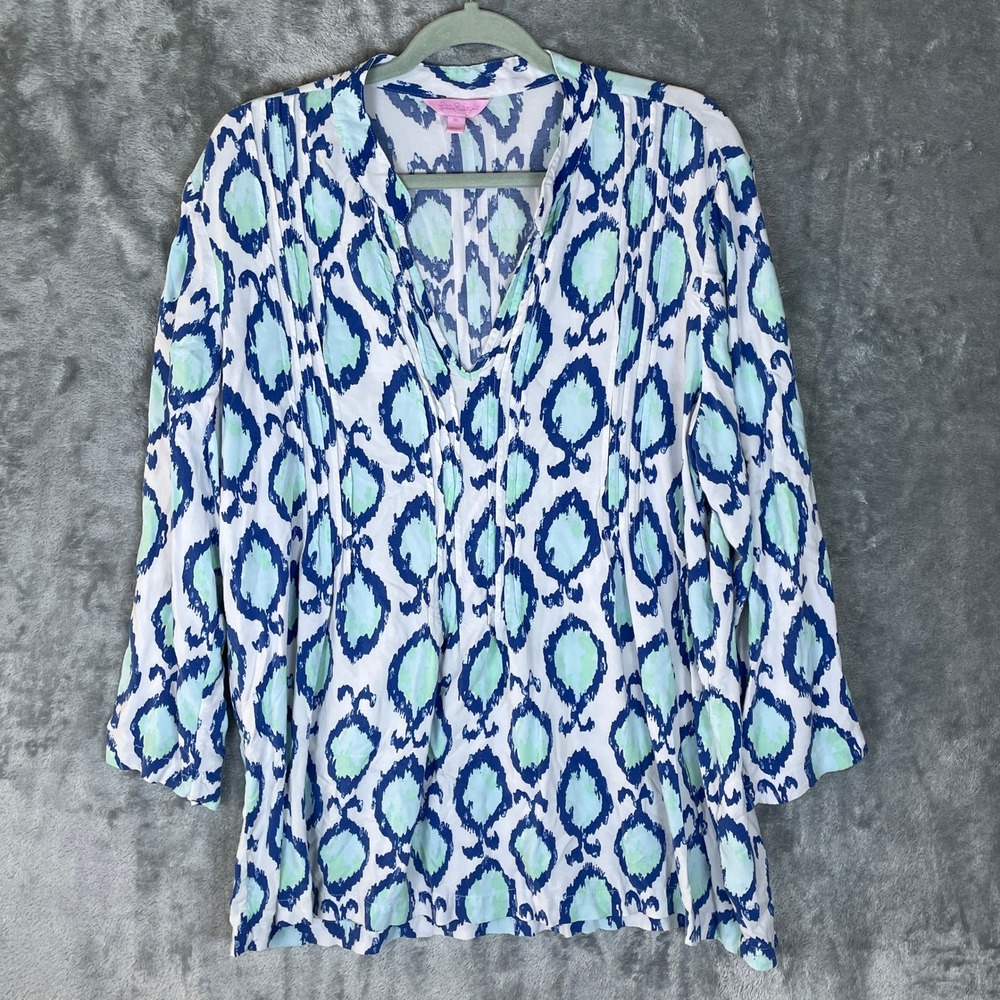 Lilly Pulitzer Elsa Top Womens XL Blue Green Ikat Rayon V-Neck Very Good Pleated